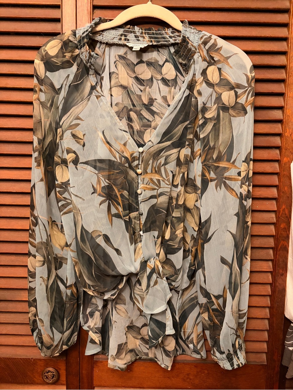 Guess Blue and Brown Floral Tie-Front Blouse